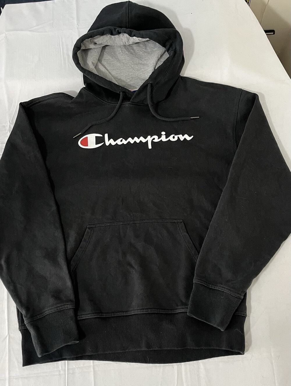 Champion Spellout Logo Black Hoodie Embroidered Sleeve Kangaroo Pocket Size L
